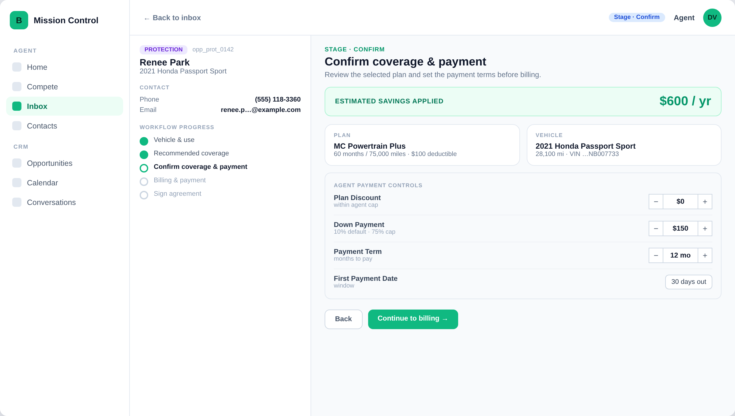 Mission Control · Protection CoPilot · Confirm Coverage & Payment